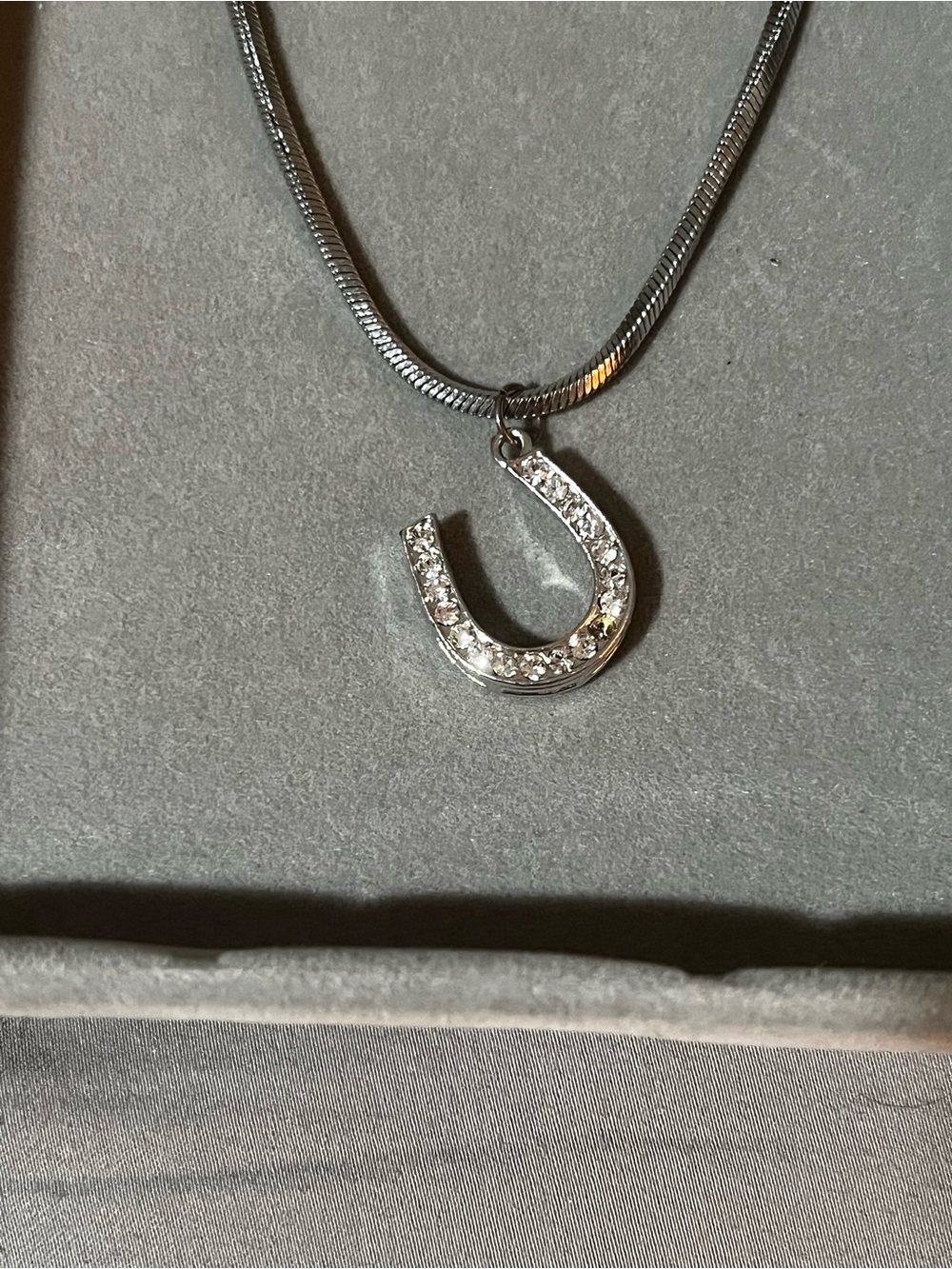 Silver Tone Crystal Horseshoe Pendant Necklace